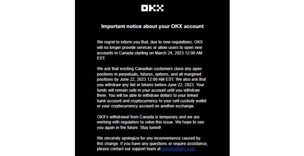 OKX прекратит работу в Канаде к 22 июня 2023 года