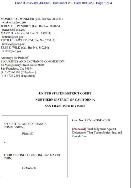 Суд вынес заочное решение по делу SEC против Thor Technologies