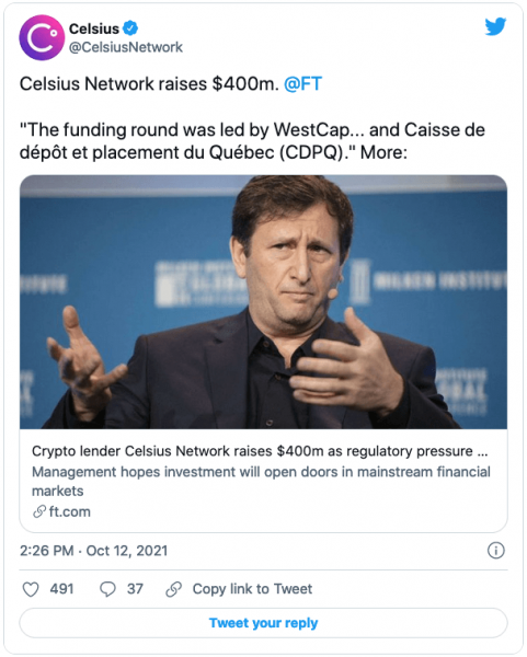 Крипто-кредитная компания Celsius Network привлекла $400 млн