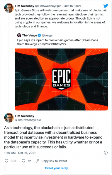 Epic Games заявляет, что «открыта для игр с блокчейном» после того, как Steam запретил их